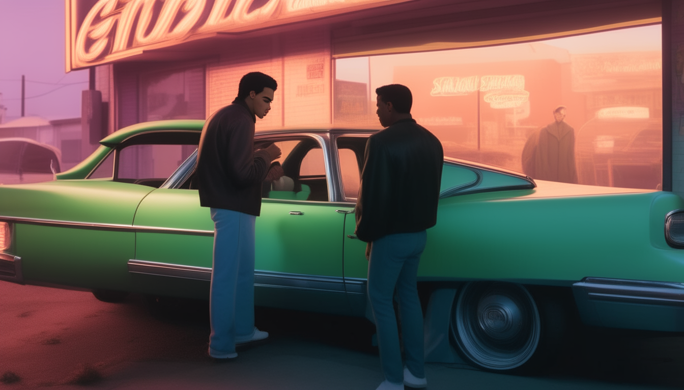 Three men stand around the open driver's side door of the Sabre, one gesturing enthusiastically as the others listen. The neon signs of a diner glow behind them.