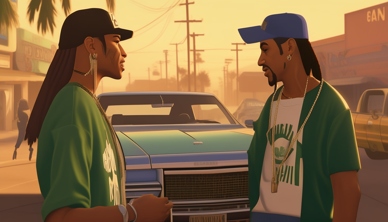 A woman with dreadlocks stands next to the Sabre, smiling and chatting with one of the men. She wears a baseball cap and long gold necklace. Inspired by Grand Theft Auto: San Andreas.