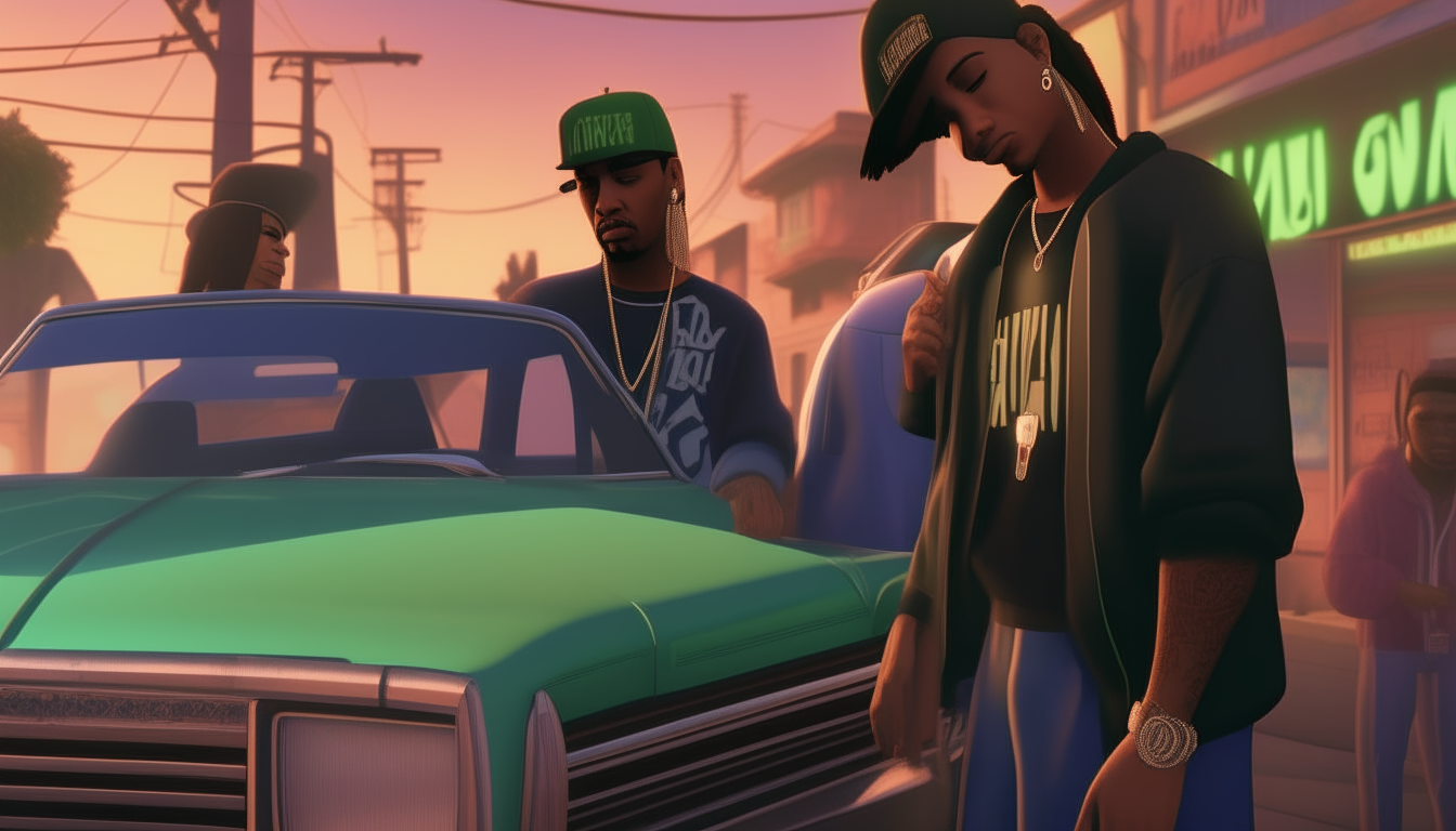 Three people, including a woman with dreadlocks under a cap, lean on the Sabre's hood on Grove Street. Neon signs glow in the background. Inspired by Grand Theft Auto: San Andreas.
