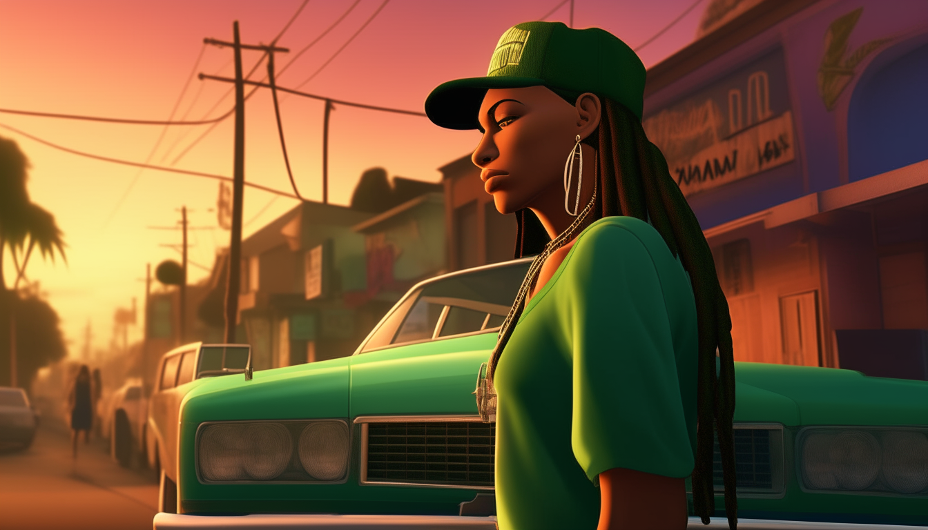 A beautiful woman with long dreadlocks leans casually against a classic green Sabre, wearing a baseball cap and long gold necklace. Neon signs glow in the night behind her on Grove Street. Inspired by Grand Theft Auto: San Andreas.