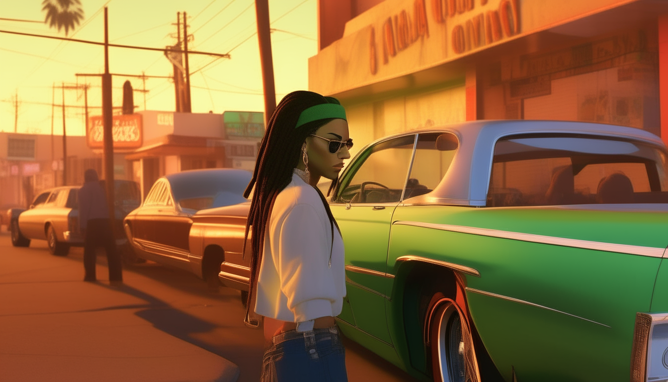 On a busy sidewalk, a gorgeous woman with dreadlocks poses next to a Sabre parked outside a diner. She wears a cap and flashy gold chain, illuminated by the diner's neon signs. Inspired by Grand Theft Auto: San Andreas.