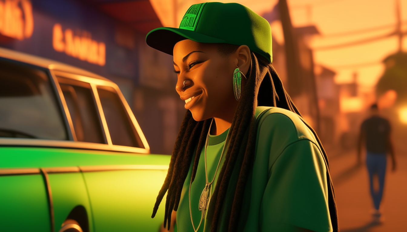 A beautiful woman with long dreadlocks smiles while leaning on a classic green Sabre, wearing a baseball cap and gold necklace on a downtown sidewalk. Neon signs glow behind her, reflecting off her jewelry. Inspired by Grand Theft Auto: San Andreas.