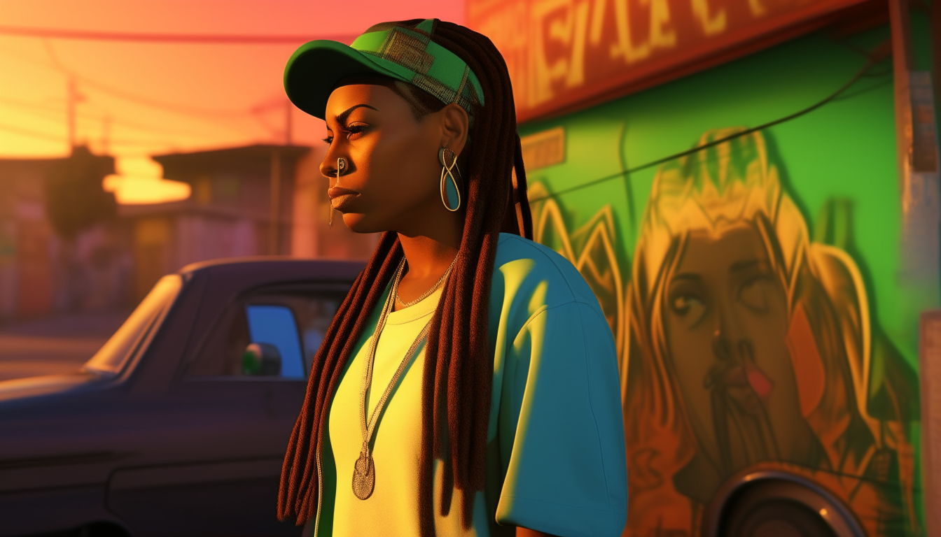 On Grove Street under the glow of colorful murals, a gorgeous woman with dreadlocks poses next to a Sabre. She wears a cap and flashy gold chain. Inspired by Grand Theft Auto: San Andreas.