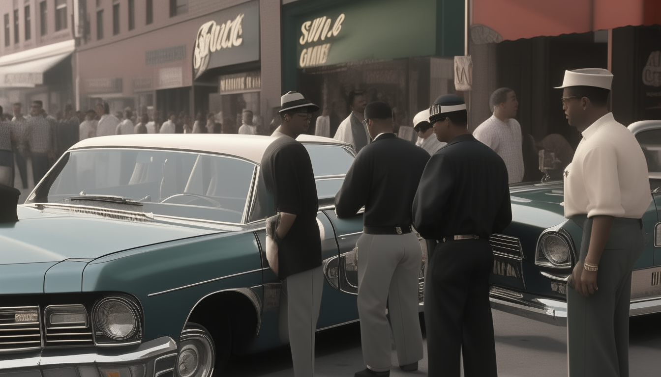 On a busy downtown sidewalk, a group gathers around the Sabre parked outside a restaurant. A woman observes the men's animated conversation.