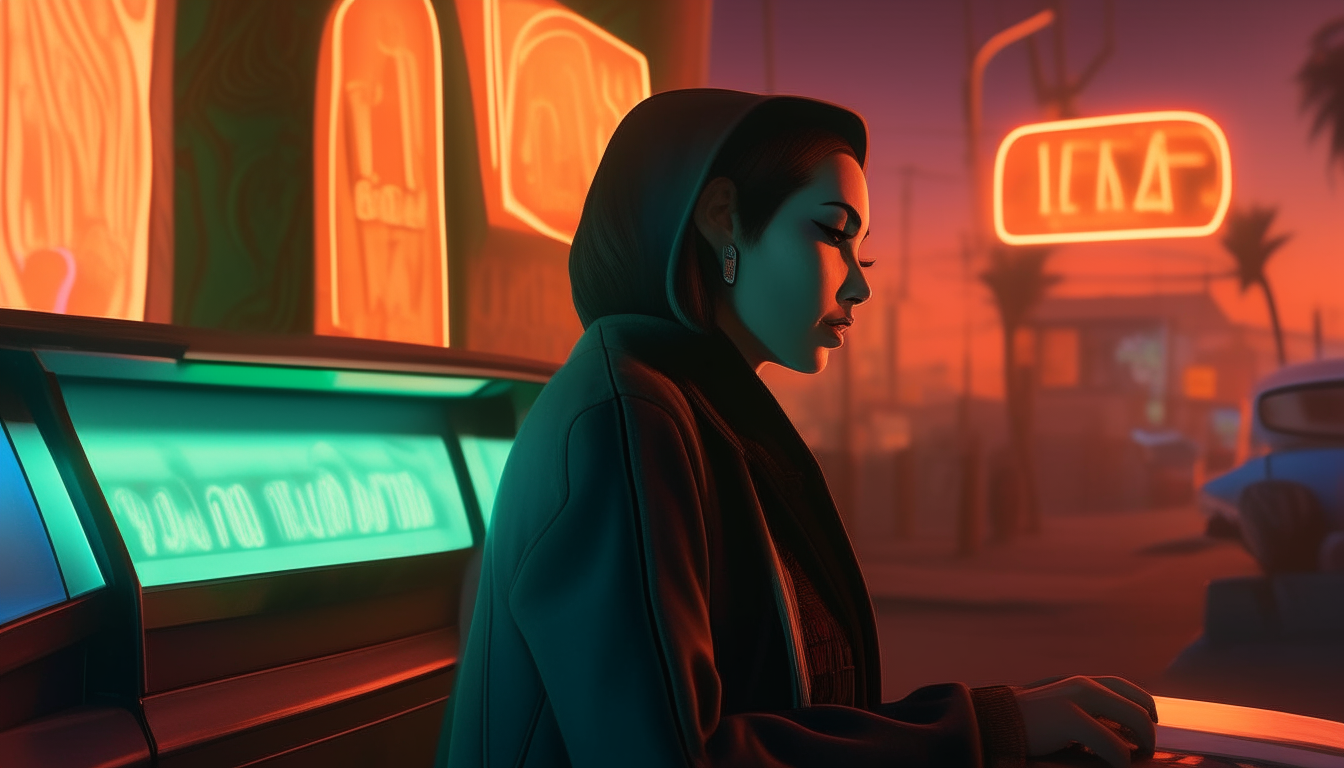 A beautiful woman leans on the Sabre's hood, watching the animated discussion with interest. Neon signs glow behind her.