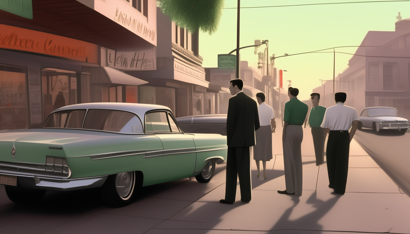 On a busy sidewalk, a group stands around the Sabre parked outside a restaurant. A gorgeous woman observes the men's conversation with an enigmatic smile.