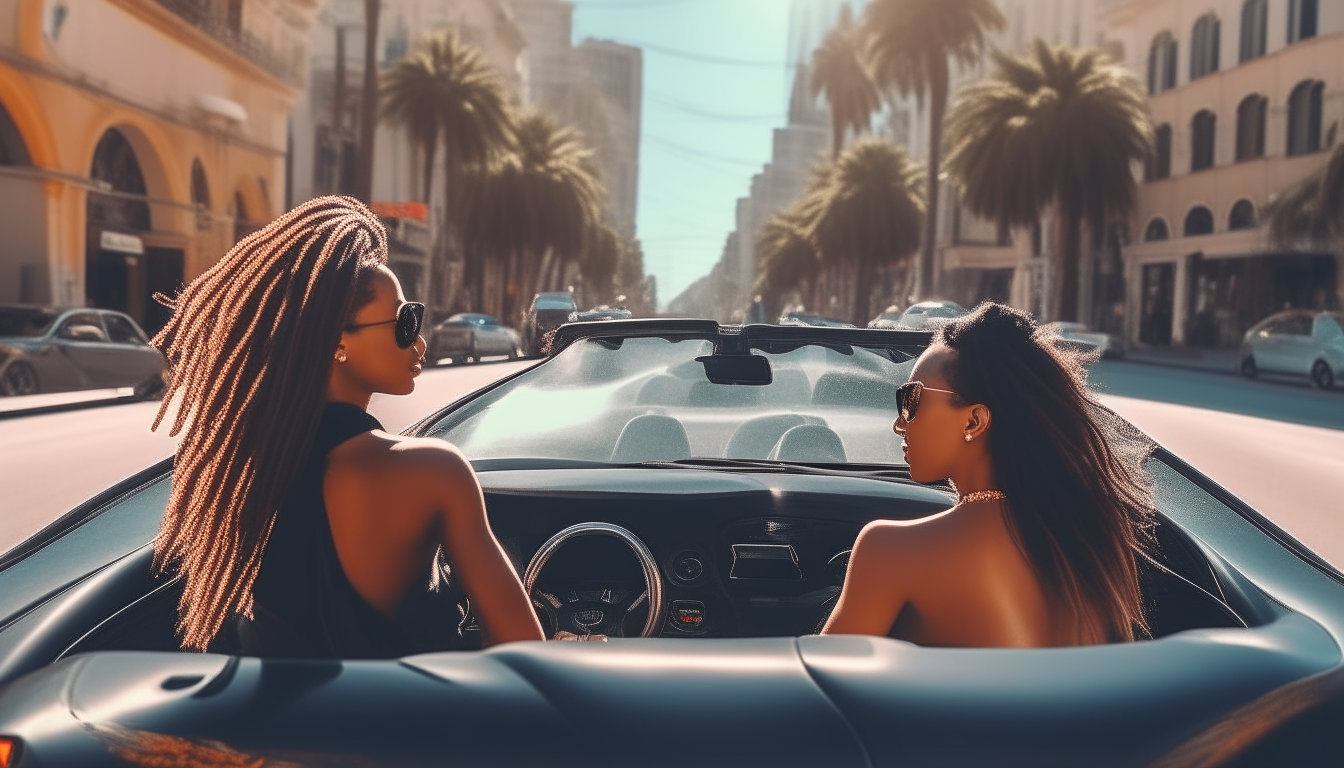 Two friends in a black sports car cruise down a city avenue on a sunny afternoon. Their long, beaded braids blow in the wind as palm trees and vibrant buildings rush by outside.