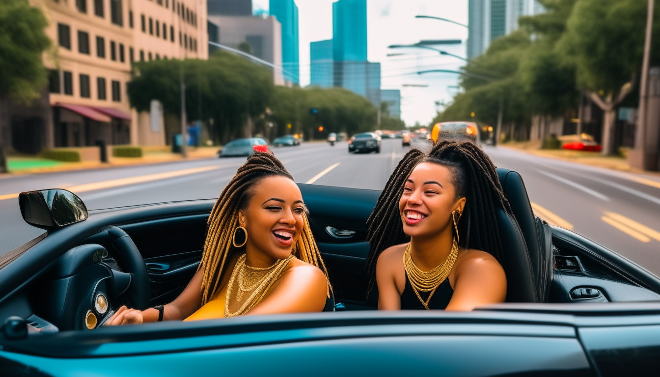 Two young women with dreadlocked hair and gold necklaces smile happily as they drive a black Ferrari through downtown Orlando. Colorful skyscrapers line the busy streets behind them.