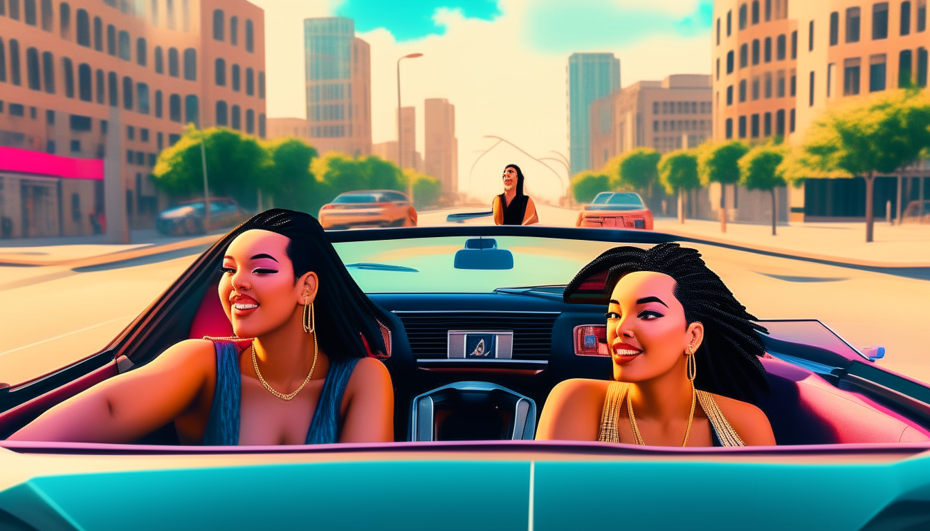 Two friends cruise down the streets of a vibrant city in a convertible sports car. Their surroundings take on a pixelated, retro aesthetic reminiscent of the classic GTA games.