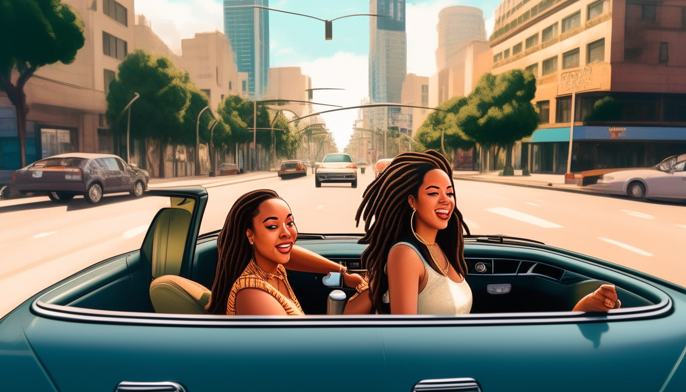 A busy downtown avenue comes to life as two young women joyride past on an afternoon drive. Their surroundings take on a pixelated, retro aesthetic reminiscent of the classic GTA games.
