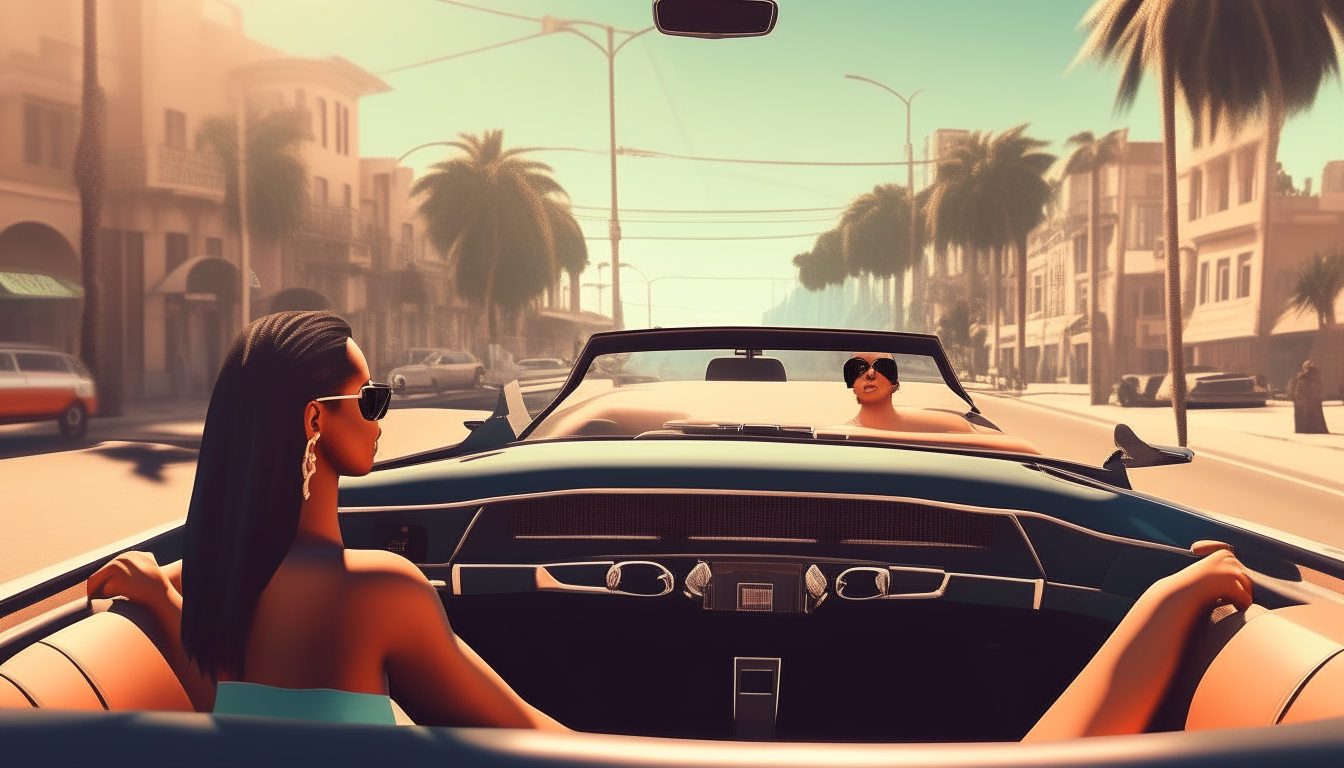Two friends cruise down the streets of a sunny coastal city in a convertible sports car. Their surroundings take on the pixelated, retro aesthetic of Grand Theft Auto: San Andreas.