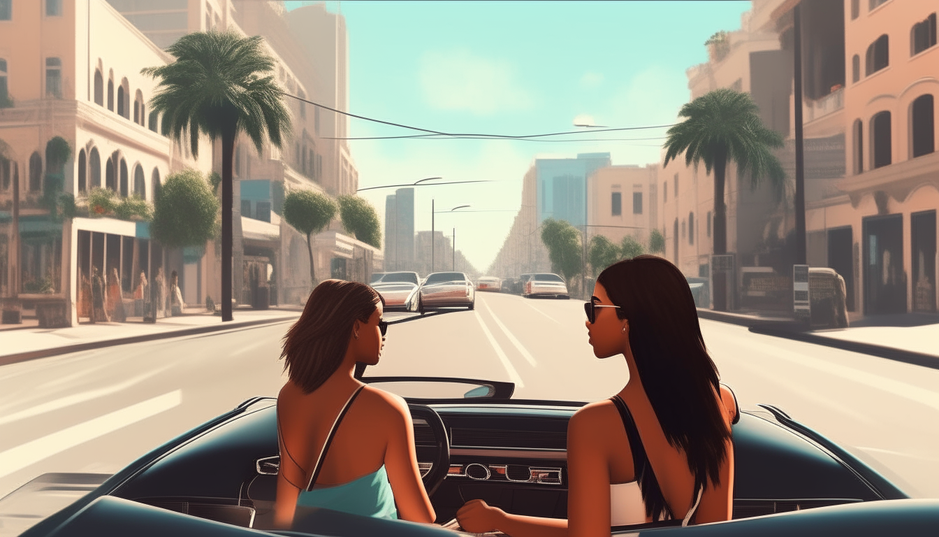 A busy downtown avenue comes to life on a bright afternoon as two young women joyride past. Their surroundings mimic the pixelated visuals and nostalgic vibe of Grand Theft Auto: San Andreas.