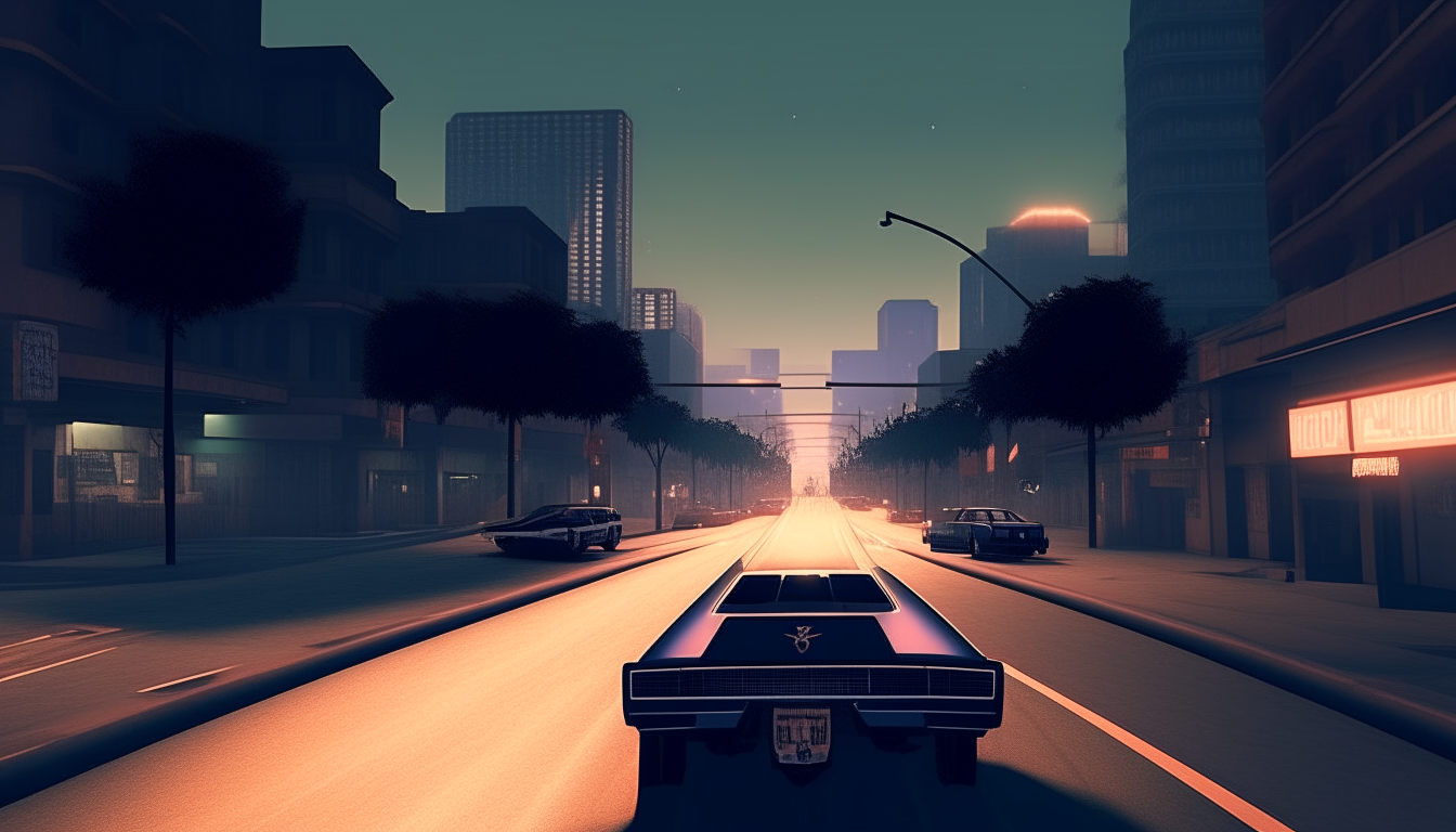 The downtown skyline glows in the distance as a black sports car cruises down a darkened avenue. Pixelated details and a nostalgic retro aesthetic mimic the visual style of Grand Theft Auto: San Andreas.