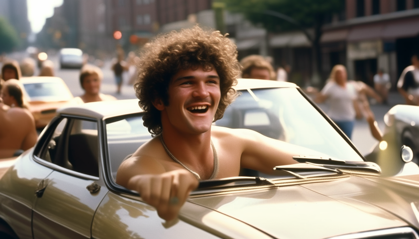 A man in his late 30s wearing a tank top, baseball cap and gold chain smiles as he drives a convertible car from the 1980s through the city on a sunny afternoon. His curly hair blows in the wind as other drivers honk and wave to him.
