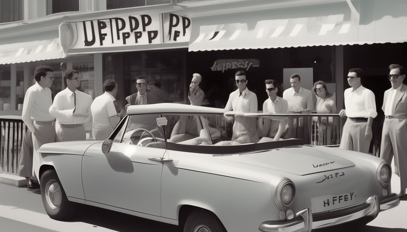 The man parks the convertible in front of a restaurant and gets out, waving to people on the sidewalk. A banner above the entrance reads 'Happy Birthday Jeff!' as friends approach to celebrate with him.