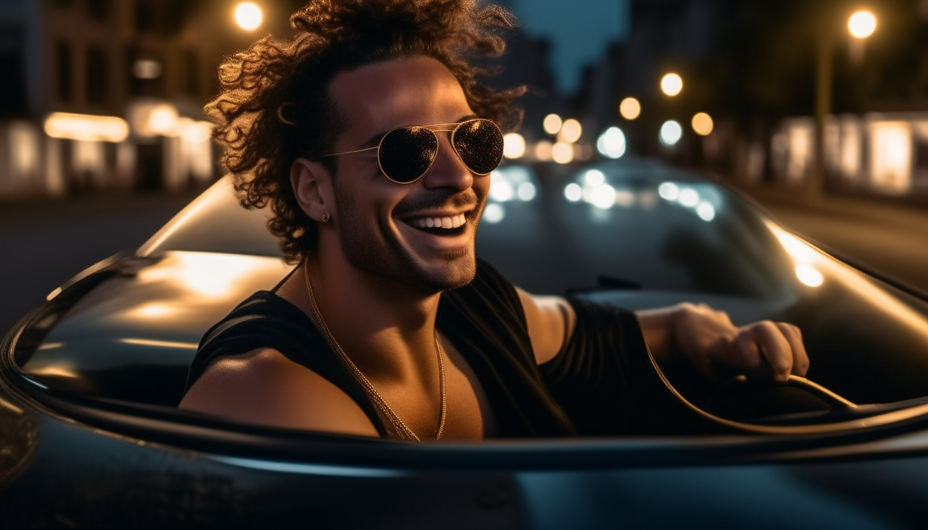 A man in his late 30s smiles as the wind blows through his curly hair. He wears sunglasses, a tank top and gold chains while steering a beautiful black Ferrari convertible through the city at night.