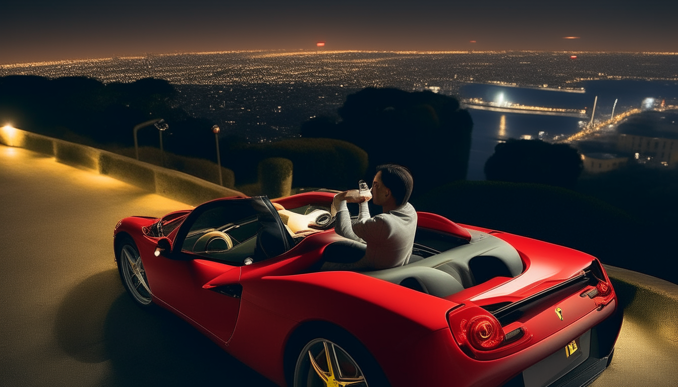 The man parks the Ferrari on a scenic overlook, taking in the glittering city lights below. He pops the trunk to retrieve a bottle of champagne, ready to continue celebrating his birthday.