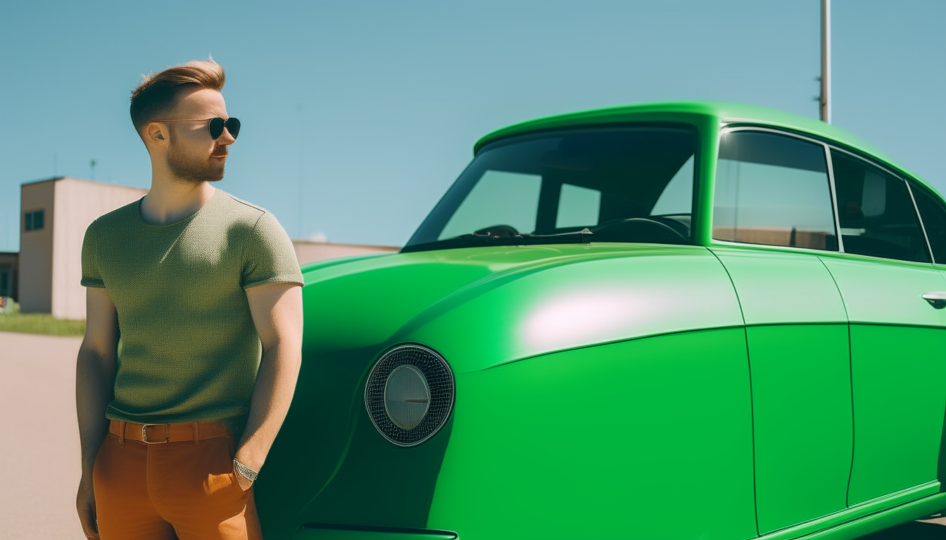 a couple of men standing next to a green car on a sunny day