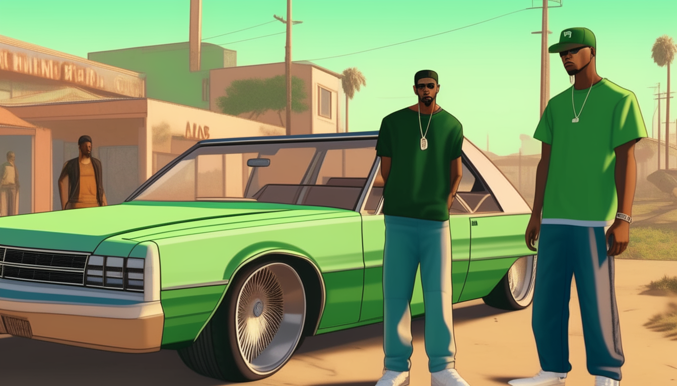 a couple of men standing next to a green car on a sunny day in the style of Grand Theft Auto: San Andreas
