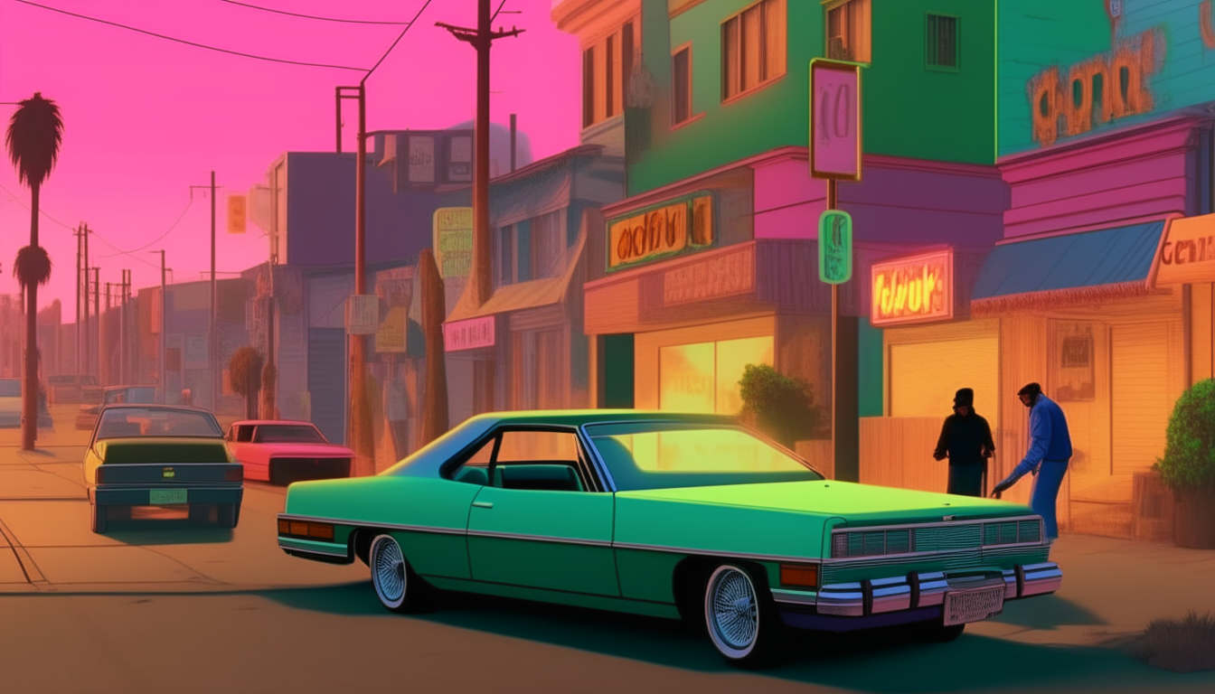 a vibrant street scene with neon signs and colorful cars, rendered in the 16-bit style of GTA: San Andreas