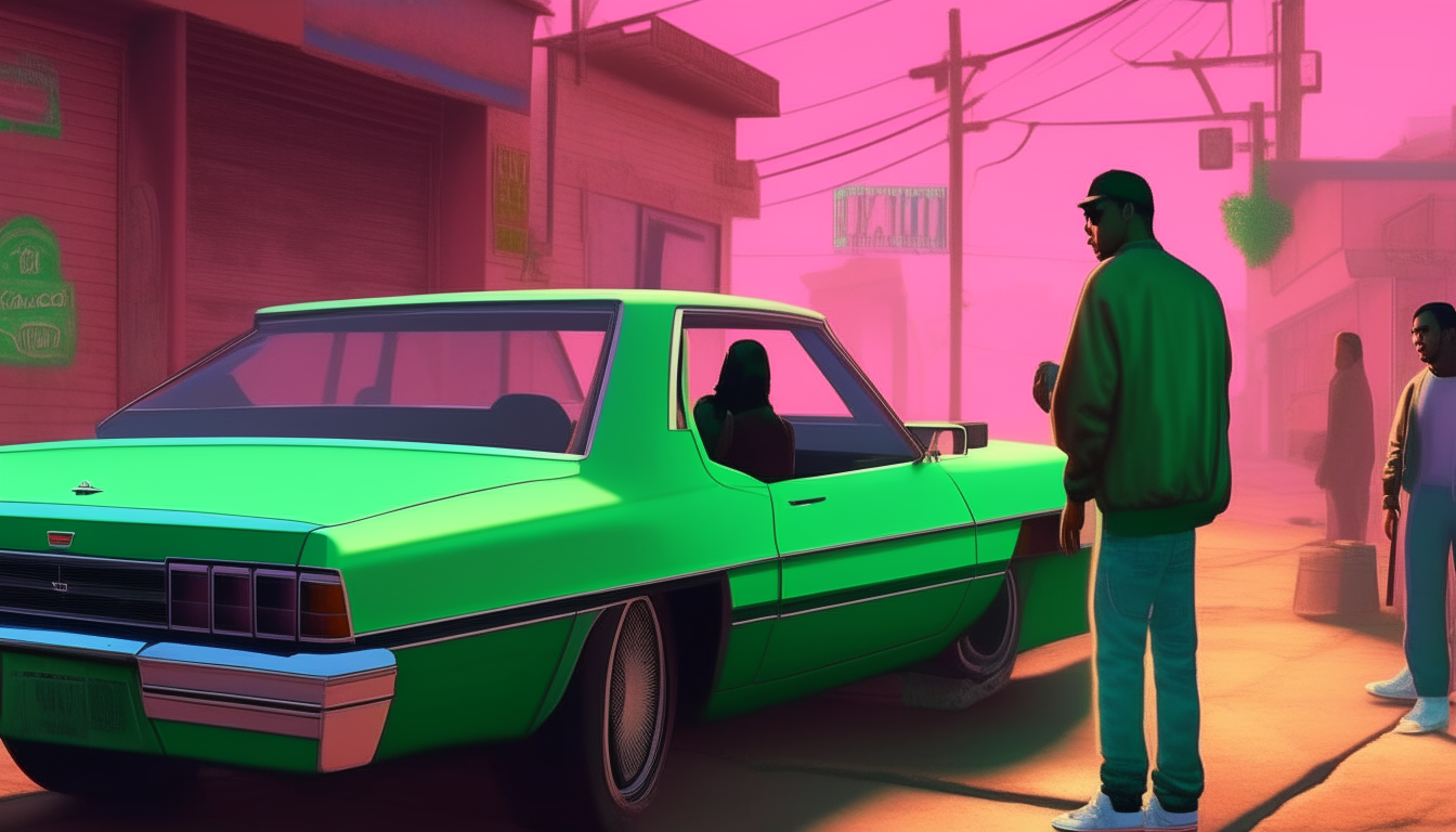two friends checking out a lowrider in an alley under bright pink and green lights, GTA: San Andreas pixelated retro aesthetic