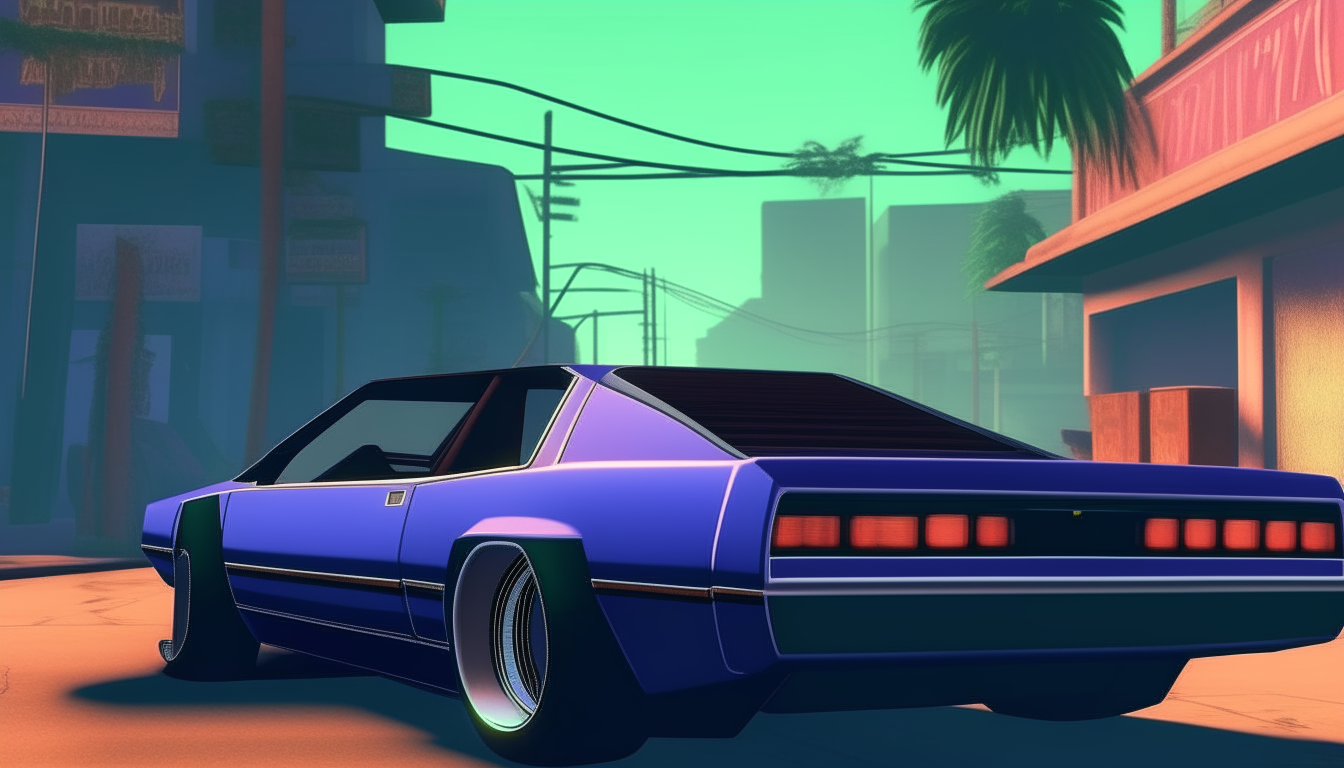 a blue sports car cruising down a neon-lit street at night, GTA: San Andreas 16-bit aesthetic