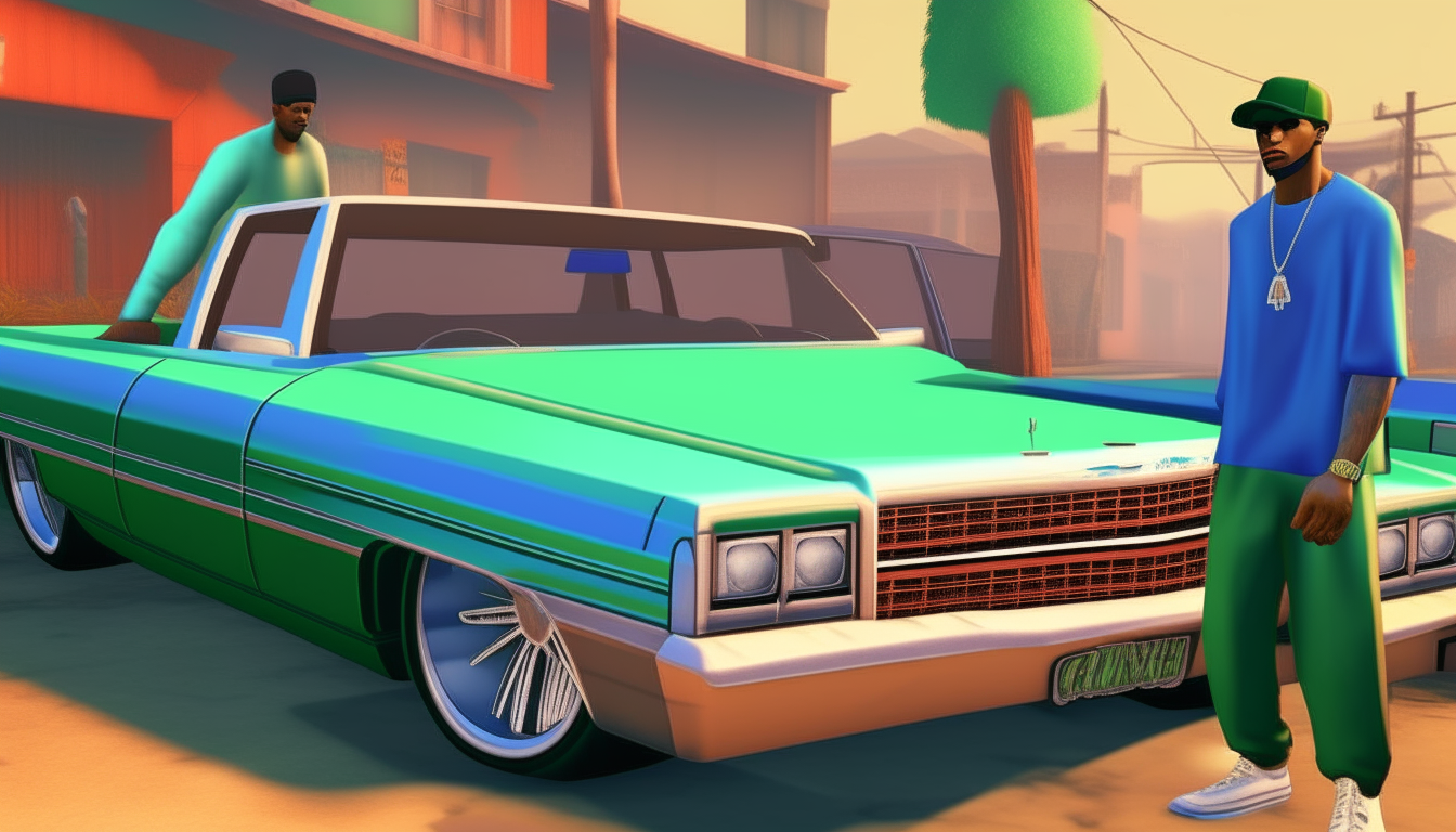 two friends checking out a custom blue lowrider parked under a rainbow of colors, GTA: San Andreas pixelated retro look