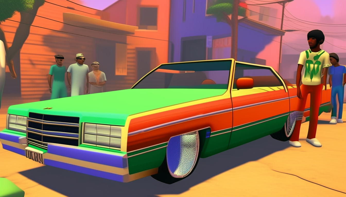 friends checking out a custom orange car under a rainbow of changing colors, GTA: San Andreas 16-bit look