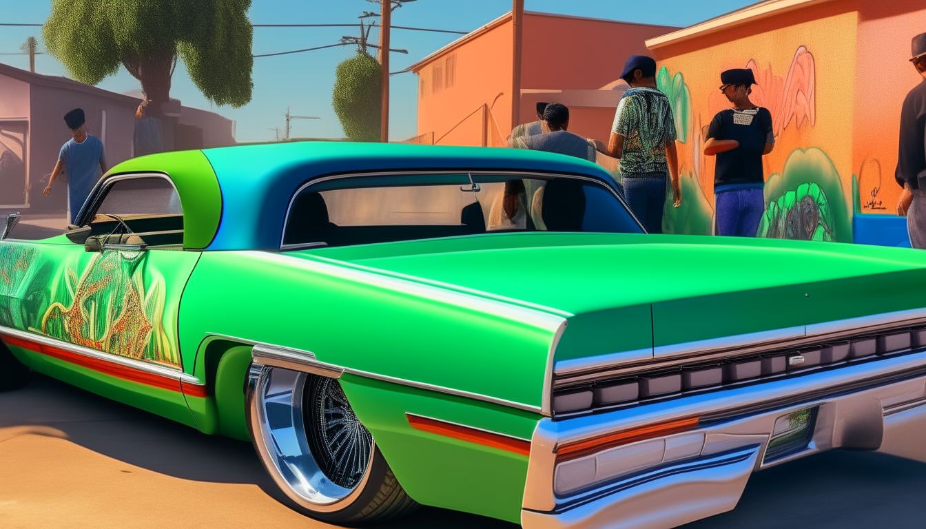 Friends checking out a custom green lowrider under a rainbow of changing colors, blending the 16-bit styles of images 4 and 9