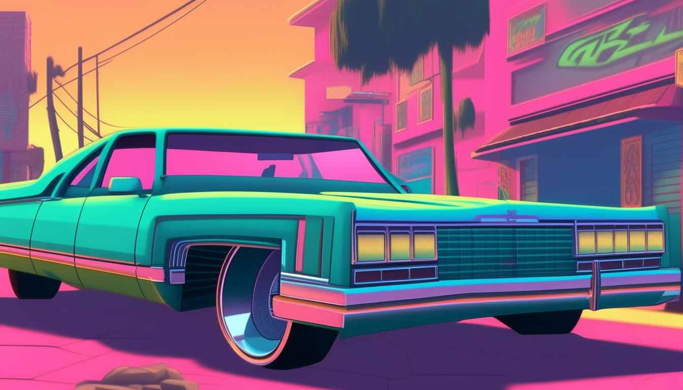A lowrider cruising down a neon blue and pink street at dusk, rendered in the retro 16-bit style of image 9 with added yellow highlights