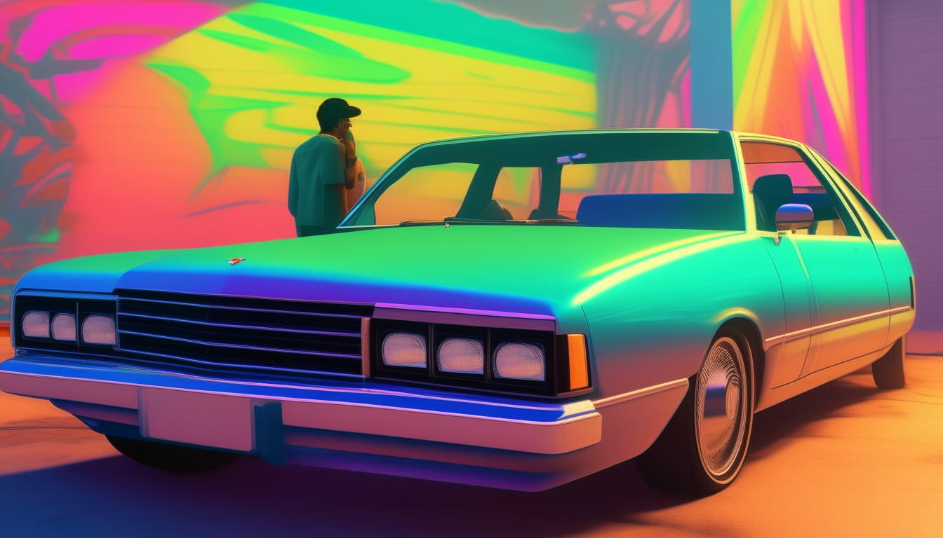 Friends checking out a custom car under a rainbow of blue, pink and yellow lights, pixelated retro aesthetic of image 9 with new bold colors added