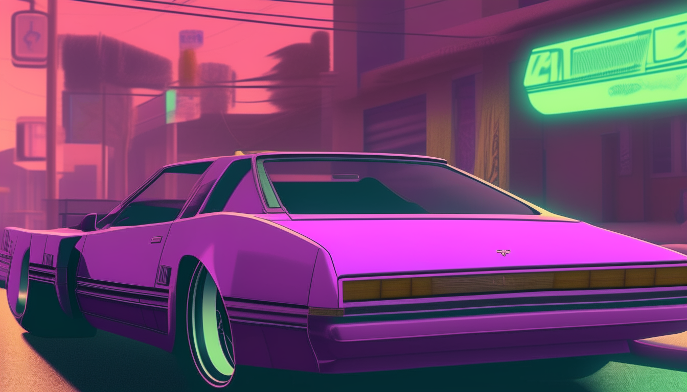 A purple sports car cruising down a neon street at night, blending the retro styles of images 10 and 4
