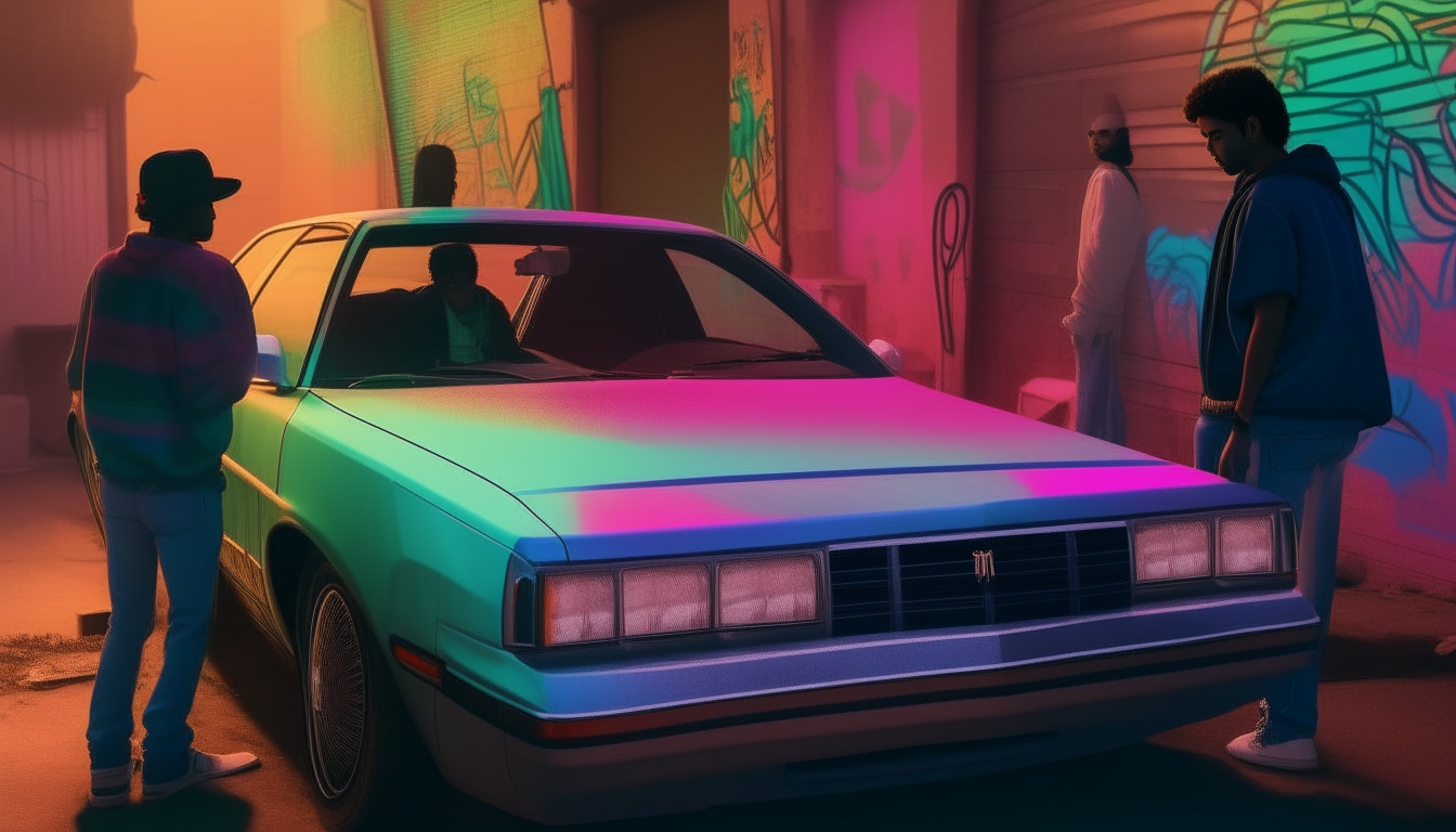 Friends checking out a custom car in an alley under colored lights, blending the 16-bit looks of images 10 and 4