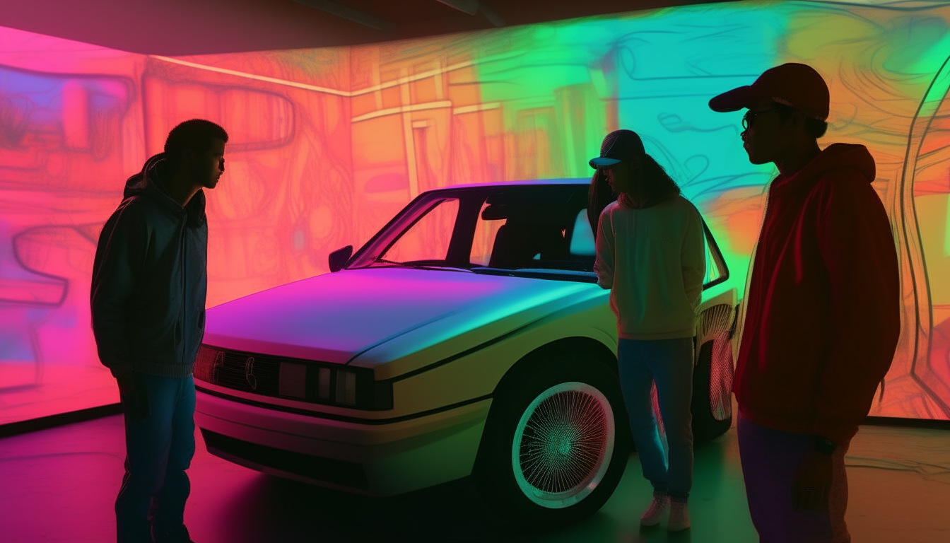 Friends checking out a custom ride under colored lights, merging the 16-bit looks of images 17 and 4