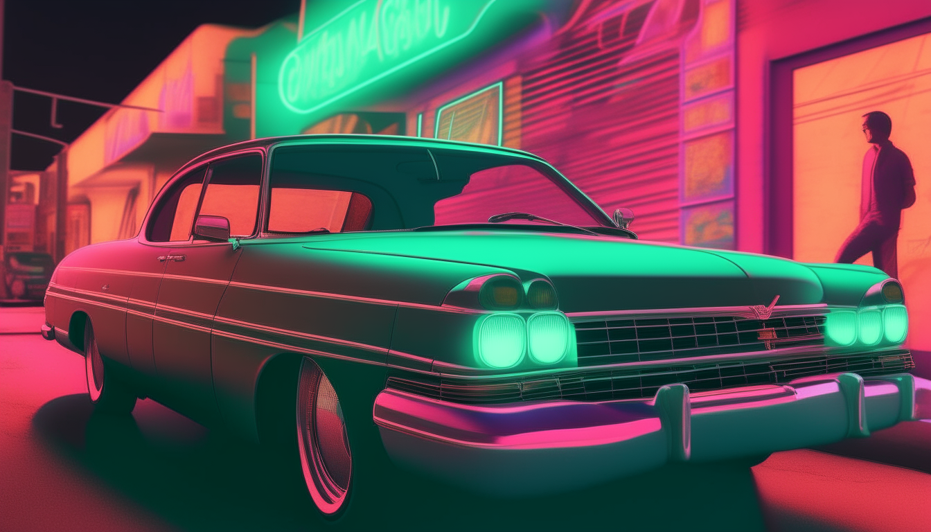A car cruising down a neon-lit street at night, blending the retro styles of images 4 and 17