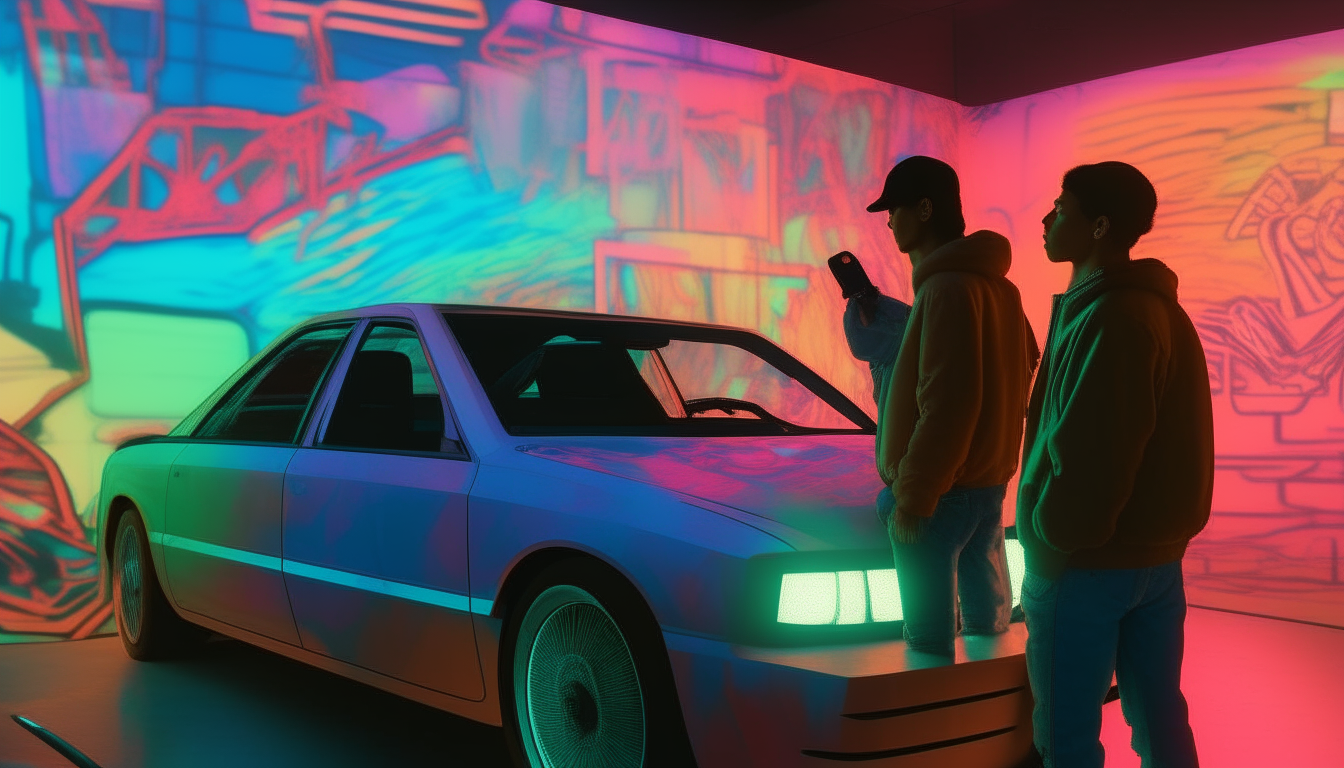 Friends checking out a custom ride under colored lights, merging the 16-bit looks of images 4 and 17