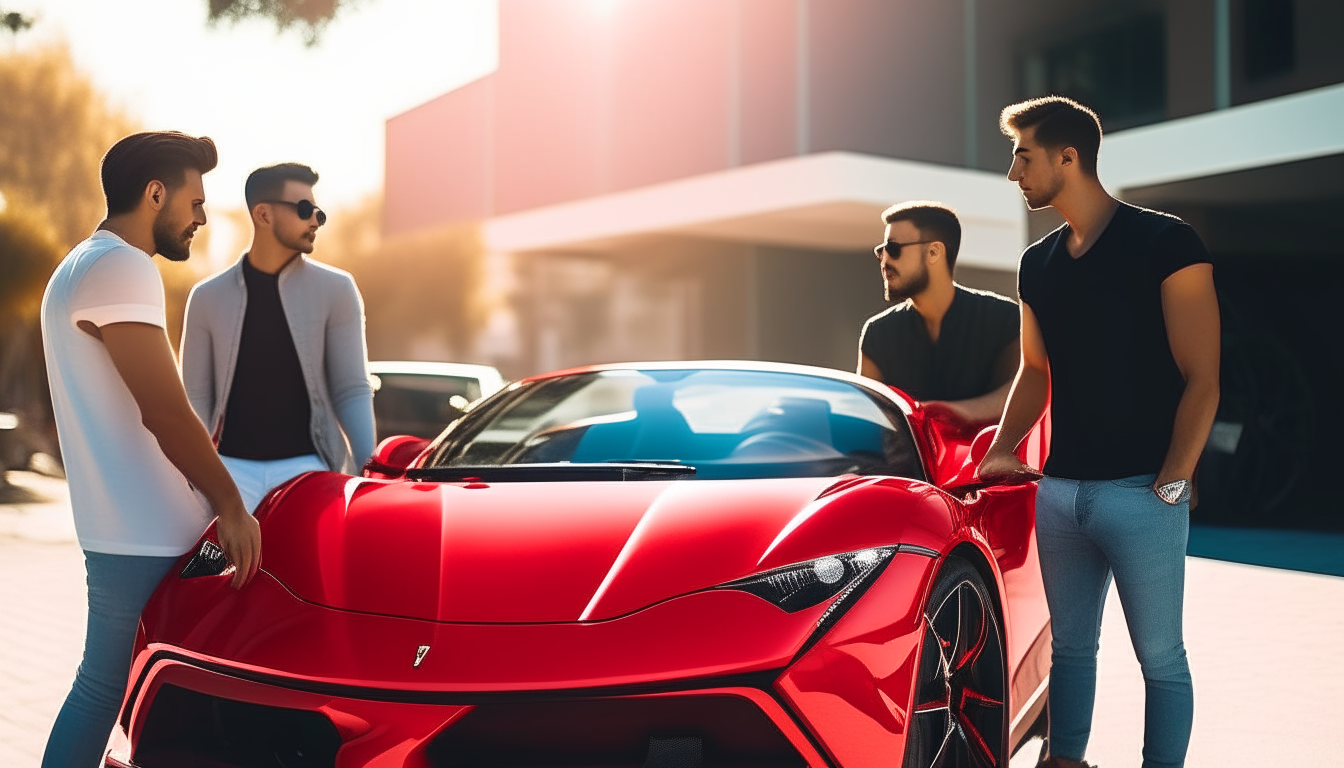 A group of friends checking out a custom red sports car on a sunny afternoon