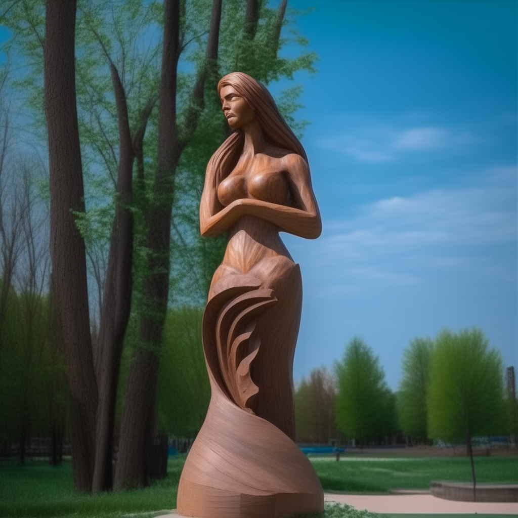 wooden sculpture in full length the form of a little mermaid,, sad looking at the sky, standing on a podium in the middle of the park,f/16, 1/300 с, ISO 100, Full HD 