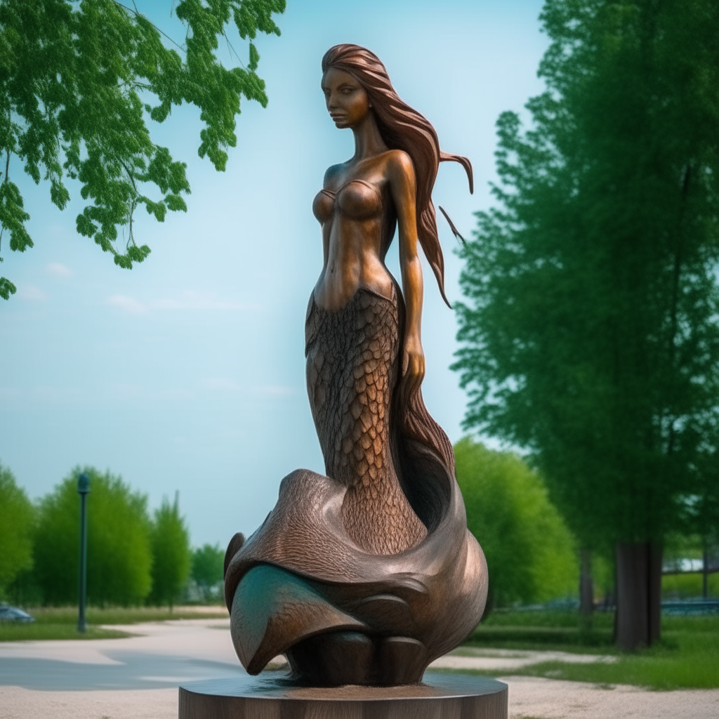 f/16, 1/300 с, ISO 100, Full HD wooden sculpture in full length the form of a little mermaid,, sad looking at the sky, standing on a podium in the middle of the park
