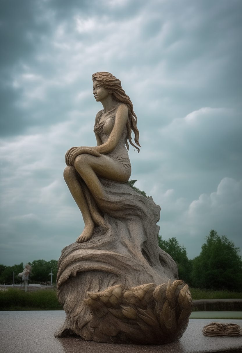 a life-size sculpture of a sad little mermaid standing on a podium in the middle of a park, gazing up at the cloudy sky with longing, carved from weathered wood, captured at f/16, 1/300 sec, ISO 100, on a Full HD digital single-lens reflex camera