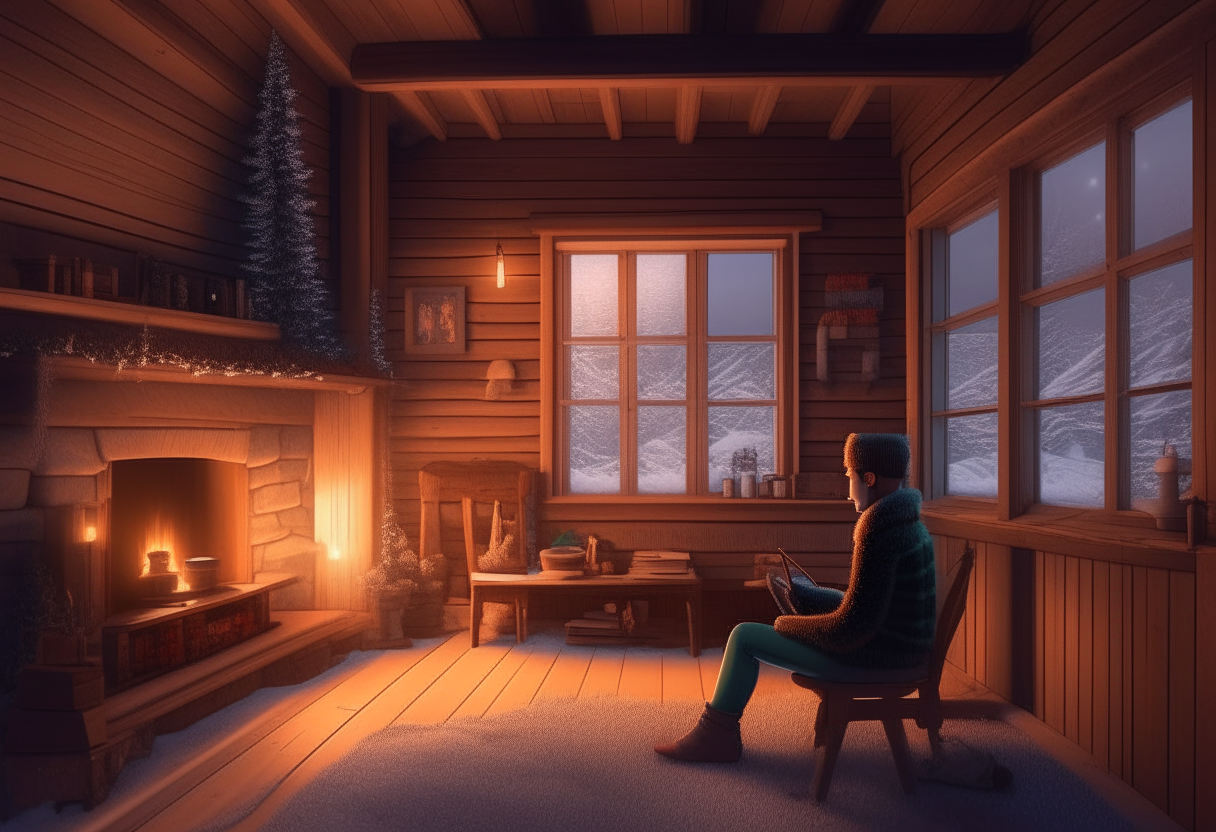 a cozy wooden house interior on a snowy evening, decorated for the holidays, with a young man sitting by the fireplace reading, captured in hyper-realistic detail