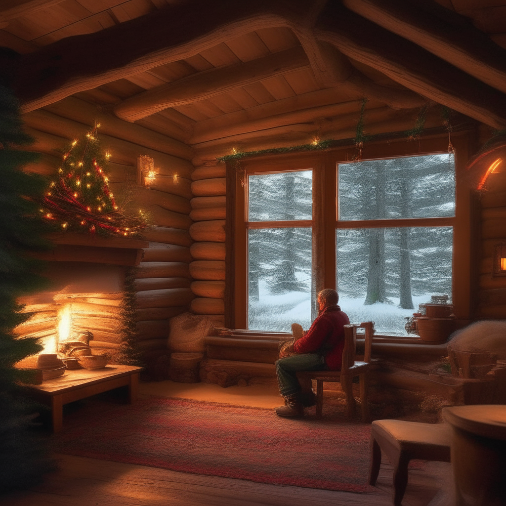 Inside a rustic log home, holiday cheer fills the air. Beside a crackling fire, a man gazes out the window, lost in a winter daydream. Strings of lights and evergreen boughs create a warm, inviting atmosphere for friends and family.