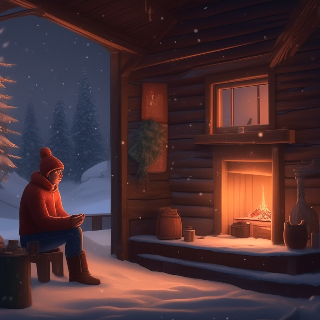 A cozy log cabin decorated for the holidays. A young man sits by a warm fireplace, lost in thought beside a festive Christmas tree. Outside, snow gently falls as night falls over the forest landscape.