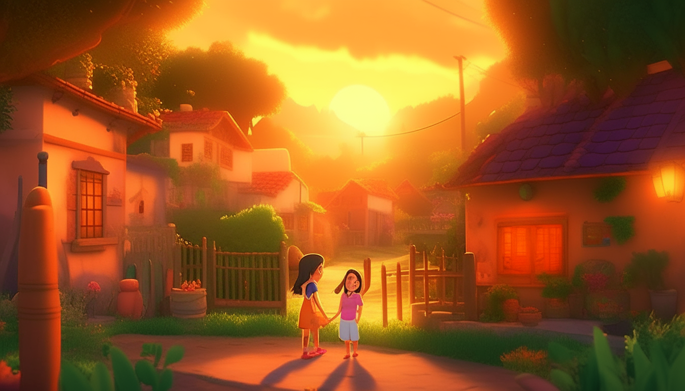 Create an animated scene introducing a quaint village with Leela and Anaya playing in their backyard, capturing the charm and warmth of their surroundings