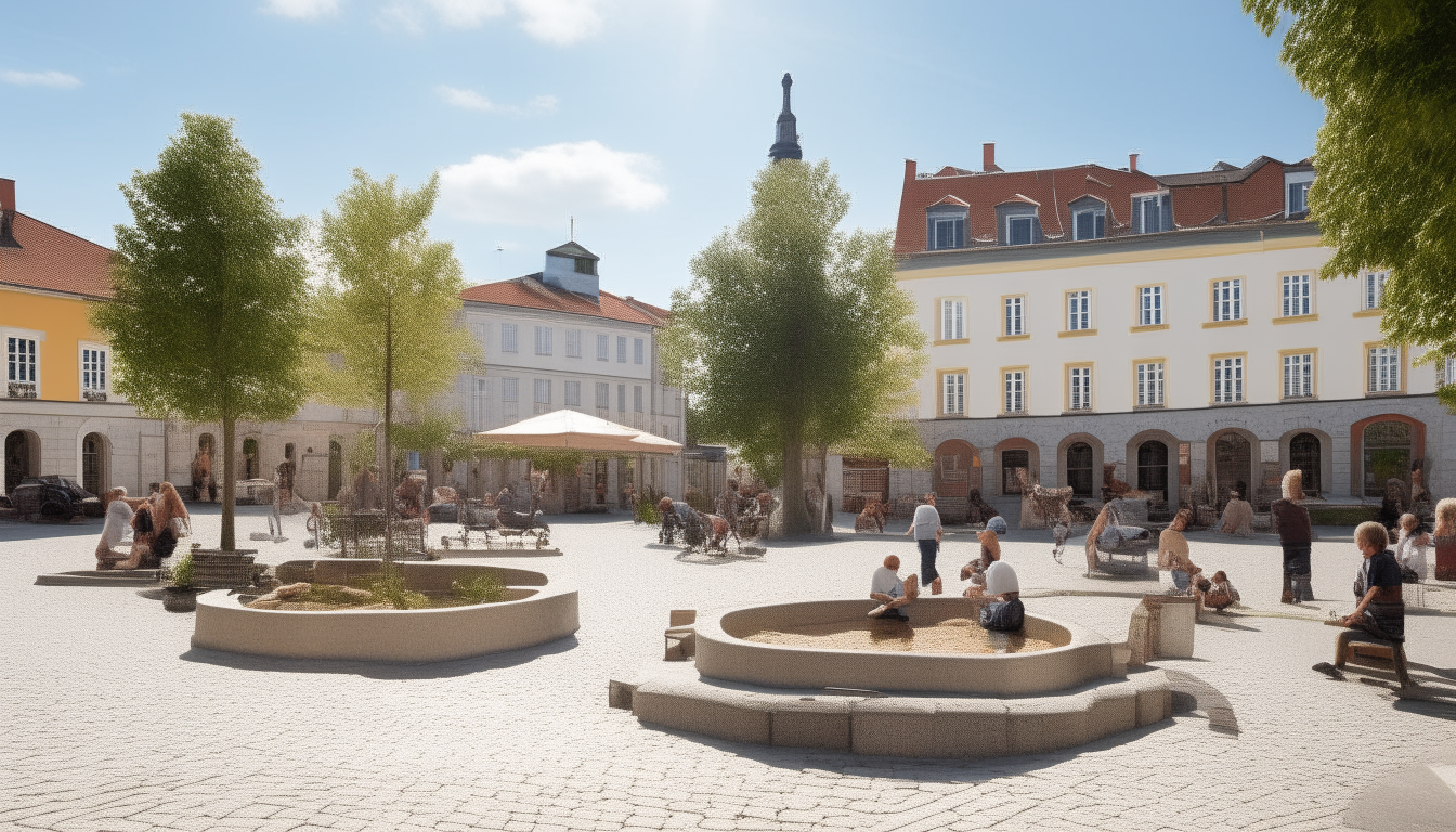 The village square on a sunny afternoon, with people socializing and children playing