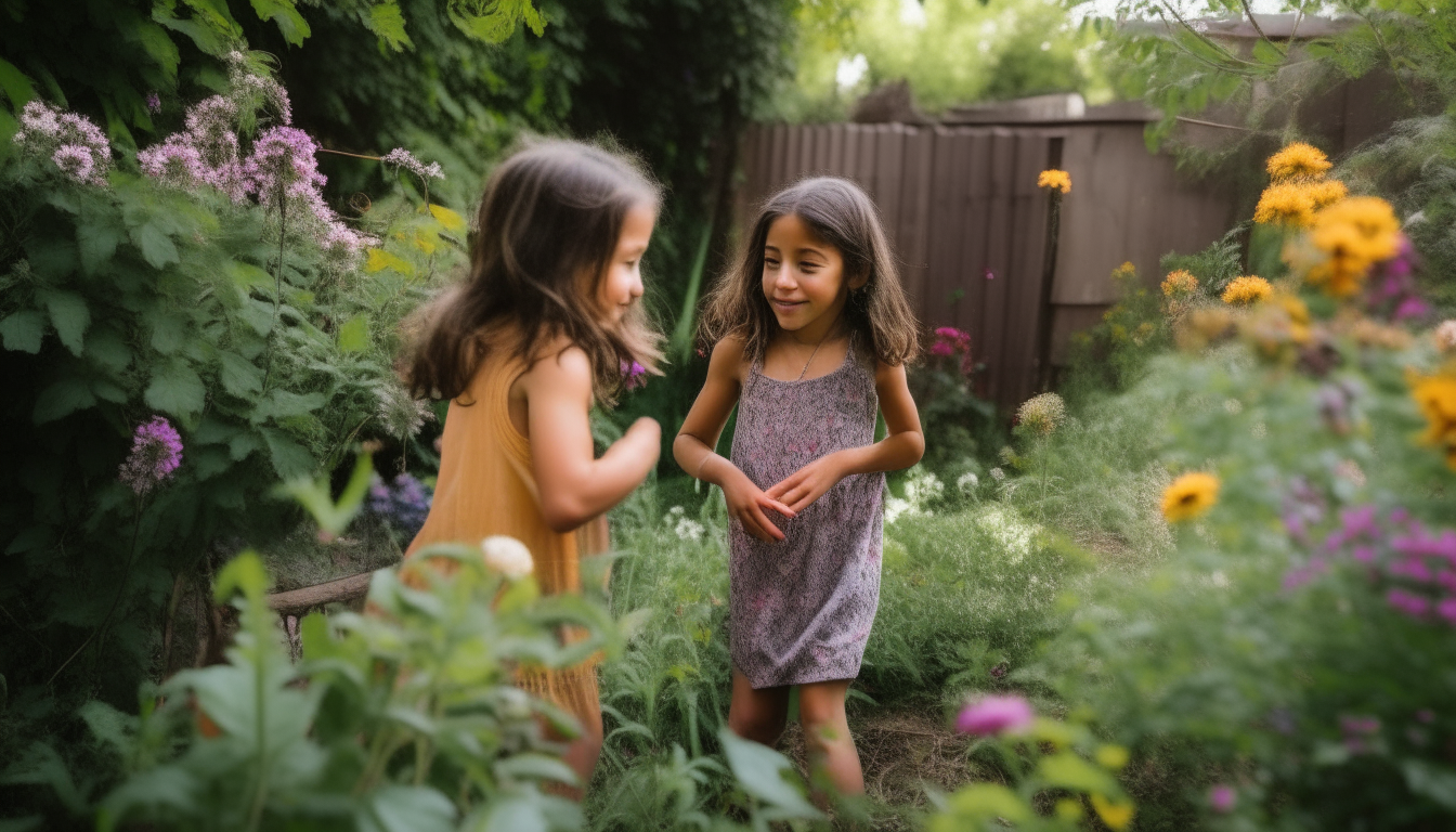 Two young girls, Leela and Anaya, playing in their backyard among flowering plants and trees