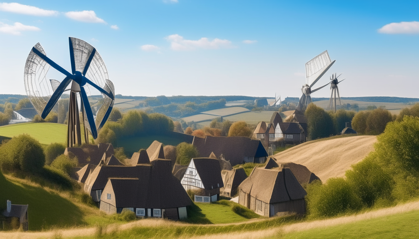 A view of the quaint village from a hill, with windmills and thatched rooftops visible against a sunny blue sky