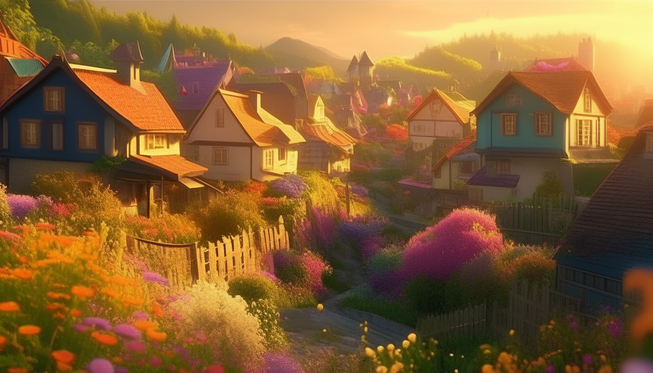 kids animation, personality: [Illustrate a wide shot of the enchanting village of Harmony Haven, with colorful houses and blooming flowers in every corner. The sun is shining brightly, casting a warm and inviting glow over the village. The atmosphere is serene and peaceful, setting the stage for the story to unfold] unreal engine, hyper real --q 2 --v 5.2 --ar 16:9