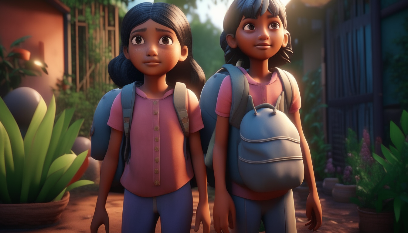 kids animation, personality: [Show Leela and Anaya, two young sisters, standing in their backyard. They are filled with excitement and curiosity as their father hands them each a bag of seeds. Their faces are beaming with anticipation as they hold the bags tightly in their hands] unreal engine, hyper real --q 2 --v 5.2 --ar 16:9