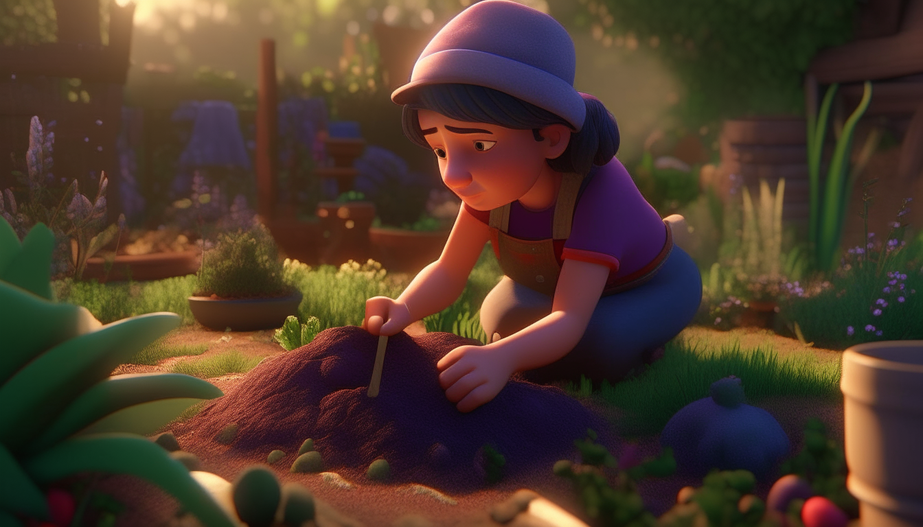 ids animation, personality: [Illustrate a time-lapse sequence of Leela planting the seeds in her garden. The camera pans around her as she carefully digs holes, places the seeds, and covers them with soil. The scene is filled with energy and motion, showcasing Leela's determination and love for gardening] unreal engine, hyper real --q 2 --v 5.2 --ar 16:9k